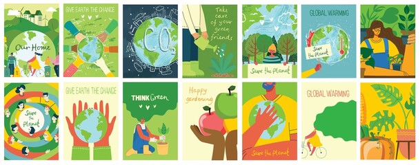 Vector eco illustration cards for social poster, banner or card of saving the planet, human hands protect our earth.