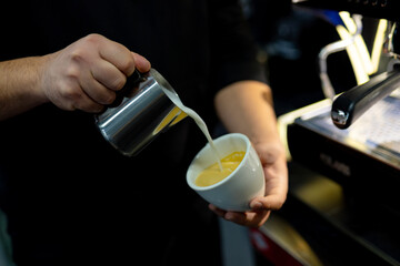 Barista pouring milk into cup close up. Professional capuccino making.