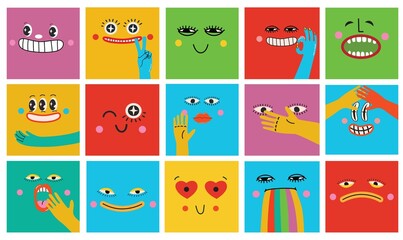 Collection of crazy Abstract comic characters elements and faces. Bright colors Cartoon style. Vector Illustration