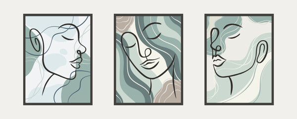 Collection of three vector abstract posters. Vintage female contour faces. Natural green motifs in pastel colors