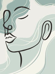 Minimalistic lady portrait on neutral background. Fashion vector design in natural colors. Contemporary abstract poster with female face silhouette