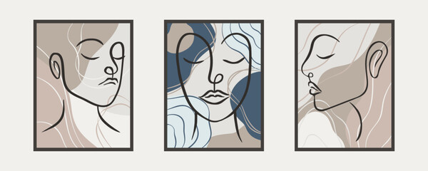 Vintage abstract posters with female contour faces. Natural blue and beige motifs in pastel colors
