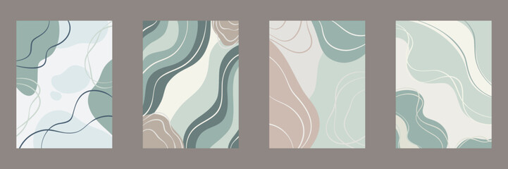 Collection of abstract posters with natural motifs. Vector illustration in green, blue and brown colors