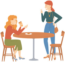 Girlfriend sitting in cafe drink tea or coffee. Women spend time in cafeteria together. Female characters relax and communicate. Friendship and joint pastime concept. Ladies talking in coffee shop