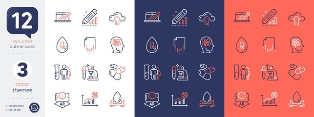 Set of Capsule pill, Microscope and Sales diagram line icons. Include Edit statistics, Medical analyzes, 5g statistics icons. Stress, Water splash, Augmented reality web elements. Vector
