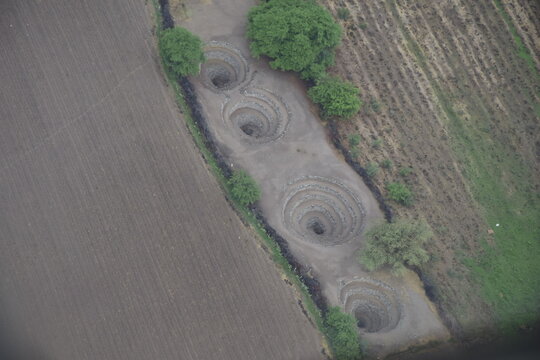 Aerial view of Cantalloc Aqueducts in Nazca, Peru