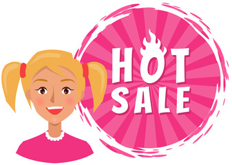 Sale banner with woman portrait near advertising poster. Shopping time promotional style. Female character rejoices in discounts and big sale in store. Positive lady with emotion of happiness, joy