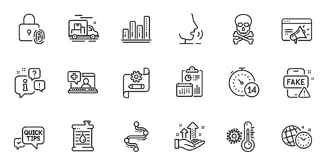 Outline set of Oil barrel, Thermometer and Seo marketing line icons for web application. Talk, information, delivery truck outline icon. Include Fake news, Report, Chemical hazard icons. Vector