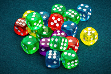 Multi colored game dice shot in close-up