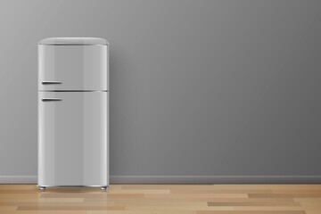 Vector Banner with 3d Realistic Glossy Gray Retro Vintage Fridge. Vertical Simple Refrigerator. Closed Fridge. Design Template, Mockup of Fridge. Front View