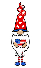 Cute July 4th gnome with USA heart - hand drawn modern dwarf illustration. Perfect for advertising, poster, announcement or greeting card. Beautiful gnome in happy Independence Day costume.