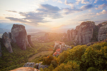 Fototapeta premium Greek meteora monastery against sky clouds landscape.