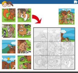 Fototapeta premium jigsaw puzzle task with cartoon animal characters group