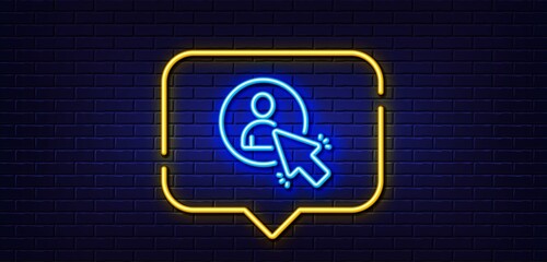 Neon light speech bubble. Select user line icon. Business management sign. Click symbol. Neon light background. User glow line. Brick wall banner. Vector