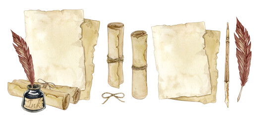 Set of watercolor illustrations with vintage piece of paper, letters, wax seal, feather pen and scrolls. isolated