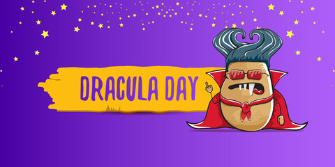26 may world dracula day greeting horizontal banner with vector funny cartoon cute dracula potato with fangs and red cape isolated on violet background. vampire monster vegetable funky character