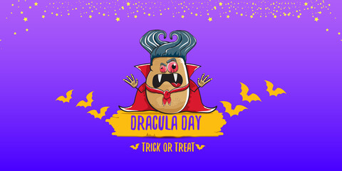 Naklejka premium 26 may world dracula day greeting horizontal banner with vector funny cartoon cute dracula potato with fangs and red cape isolated on violet background. vampire monster vegetable funky character