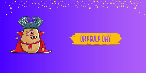 26 may world dracula day greeting horizontal banner with vector funny cartoon cute dracula potato with fangs and red cape isolated on violet background. vampire monster vegetable funky character