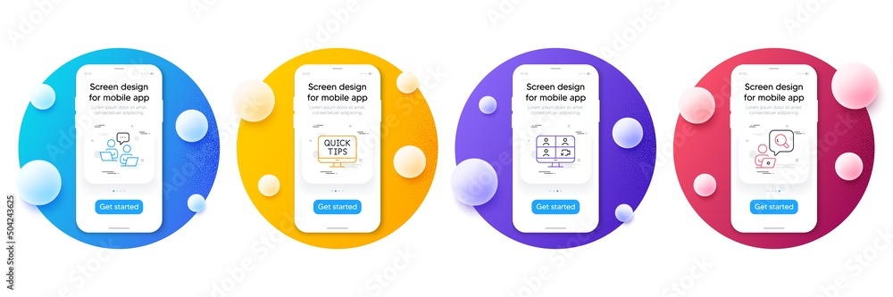 Poster minimal set of teamwork, web tutorials and video conference line icons for web development. phone ui
