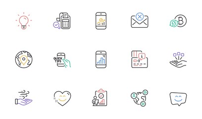 Graph phone, Inspect and Consolidation line icons for website, printing. Collection of Video conference, Refresh bitcoin, Education icons. Smile face, Pin, Bill accounting web elements. Vector