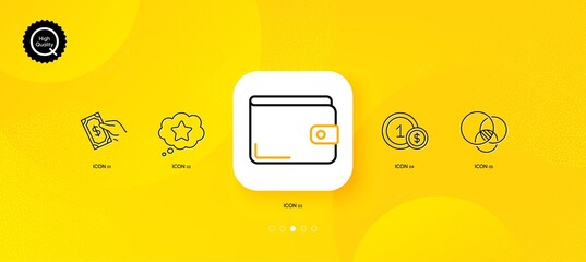 Fototapeta na wymiar Loyalty star, Money wallet and Euler diagram minimal line icons. Yellow abstract background. Pay money, Usd coins icons. For web, application, printing. Vector