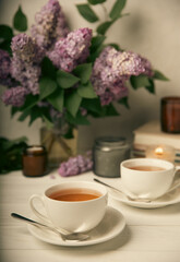 A cup of green tea against the background of a spring bouquet of lilacs on a textured gray background.Romantic composition with books and candles. Spring tea drink. Side view. Place to copy.