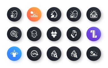 Minimal set of Uv protection, Scarf and Moisturizing cream flat icons for web development. Socks, Skin moisture, Water drop icons. T-shirt, Lingerie, Uv protection web elements. Vector
