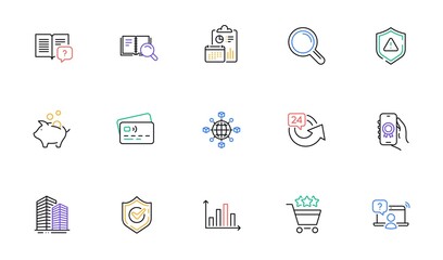 Skyscraper buildings, 24 hours and Card line icons for website, printing. Collection of Research, Shield, Confirmed icons. Instruction manual, Piggy bank, Online question web elements. Vector