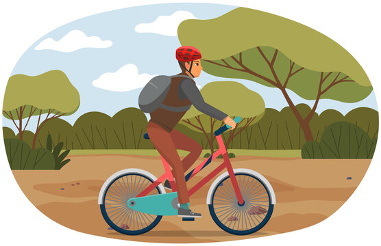Guy in helmet and sportswear riding in forest. Man rides bicycle on sandy road. Male character doing sports outdoors. Sportsman cycling through trees. Person spends time on background of forest
