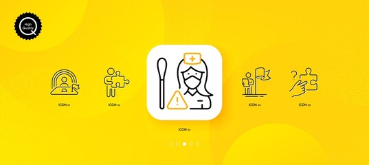 Fototapeta na wymiar Leadership, Search puzzle and Nurse minimal line icons. Yellow abstract background. Lgbt, Puzzle icons. For web, application, printing. Winner flag, Jigsaw game, Swab test. Work review. Vector