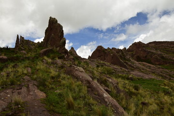 Brown rocks near the Gate of Hayu Mark (The Gate of the Gods), Peru WILLKA UTA, HAYUMARKA GATE. Puno Peru