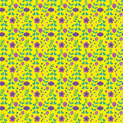 Seamless bright flower pattern. Small-scale flowers and branches scattered over yellow background. For topics like summer, gardening, fashion print