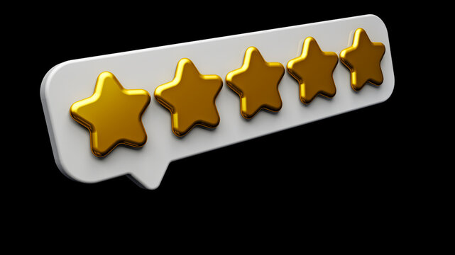 3d Shiny Gold 5-Star Review Icon Symbol Online Chat Bubble Isolated on Black