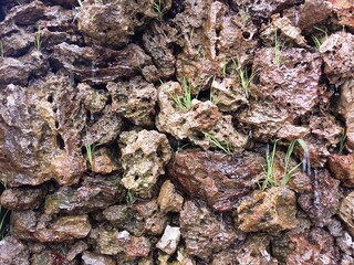 Ragged stones in the wall in the prehistoric Incas fertility temple in Chucuito, Puno Peru