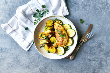 Sesame Chicken Breast with Baked Potatoes and Zucchini