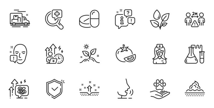 Outline set of Chemistry lab, Difficult stress and Medical drugs line icons for web application. Talk, information, delivery truck outline icon. Vector