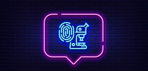 Neon light speech bubble. Fingerprint research line icon. Microscope investigation sign. Biometric identity symbol. Neon light background. Fingerprint research glow line. Brick wall banner. Vector