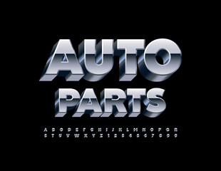 Vector metallic logo Auto Parts. Silver 3D Font. Artistic Alphabet Letters and Numbers