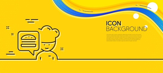 Naklejka na ściany i meble Chef line icon. Abstract yellow background. Chief-cooker with burger sign. Fast food symbol. Minimal chef line icon. Wave banner concept. Vector