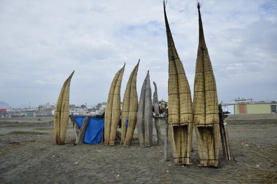 Huanchaco Beach and the traditional reed boats (caballitos de totora).Trujillo, Peru.