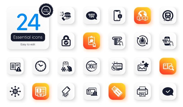 Set of Technology flat icons. Card, Teamwork and Inspect elements for web application. Credit card, Smartphone protection, Instruction manual icons. Usb flash, Bitcoin atm, Web call elements. Vector