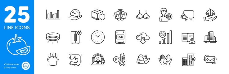 Outline icons set. Cooking hat, Refrigerator and Led lamp icons. Megaphone, Support, Time management web elements. Tomato, Fahrenheit thermometer, Loan house signs. Ssd, Buildings, Wash hands. Vector