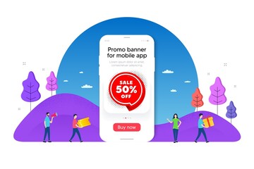 Sale 50 percent off sticker. Phone ui interface banner. Discount banner shape. Coupon bubble icon. Mobile smartphone promo banner. Sale 50 percent tag. Man with gift box. Vector