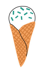 Hand drawn cute summer cartoon illustration of ice cream in waffle cone. Flat vector vanilla gelato sticker in simple colored doodle style. Sweet food icon or print. Isolated on white background.