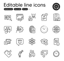 Set of Technology outline icons. Contains icons as Cyber attack, Notification bubble and Search text elements. Ranking star, Checkbox, Cogwheel dividers web signs. Time management, Card. Vector