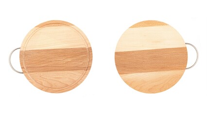 Two round wooden beech cutting board with handle isolated on white background, top view