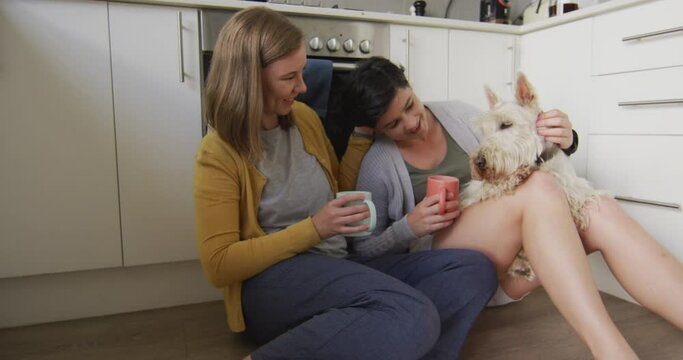 Caucasian lesbian couple holding coffee cups playing with their dog sitting in the kitchen at home