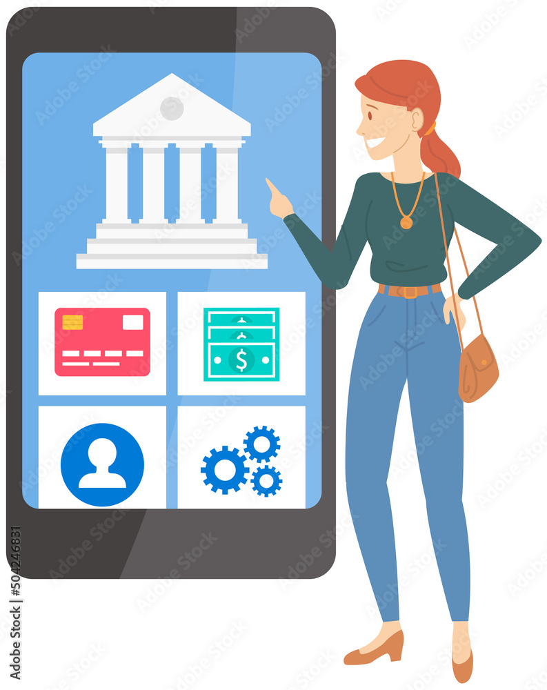 Poster online banking application on phone screen. woman uses program for virtual payment and operations wi