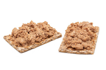 Crispy Sandwich with Chicken Pate Isolated on White Background. Whole Grain Bread with Liver Pate. Diet Breakfast and Healthy Food