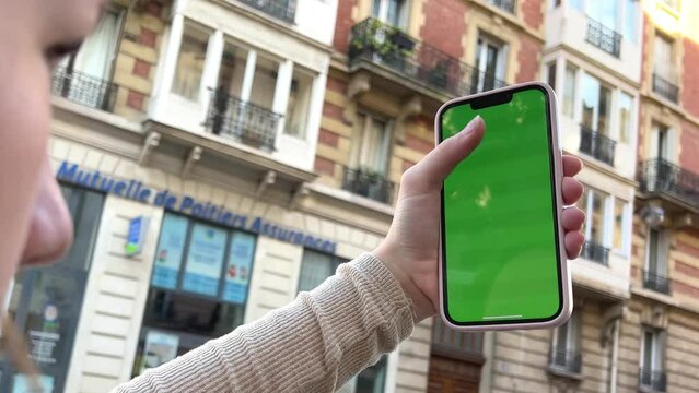 Business woman using a Smart phone Touchscreen CHROMA KEY- Close-up , Fingers make gestures touching and swiping the screen of a modern smartphone. . High quality 4k footage